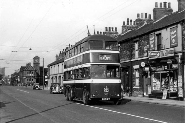 A trolleybus heads towards Balby in the 1960s.