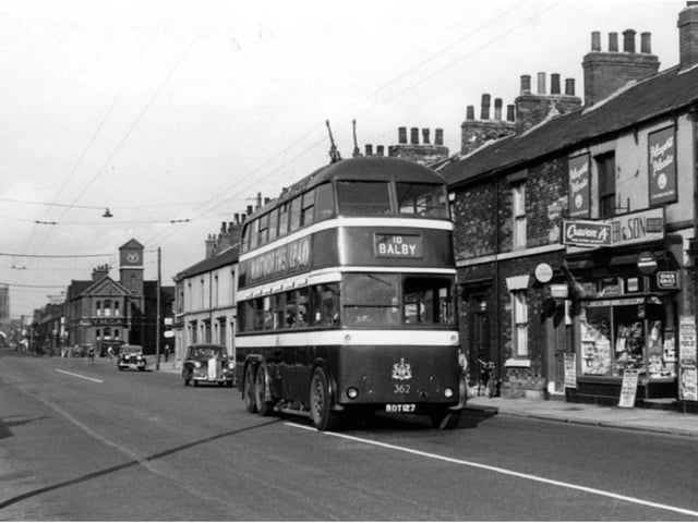 A trolleybus heads towards Balby in the 1960s.