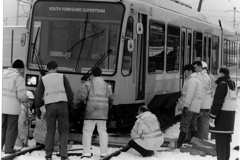 Supertram jumps the rails during bad weather in January.
