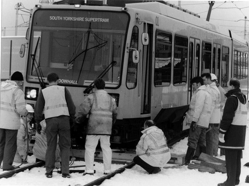 Supertram jumps the rails during bad weather in January.