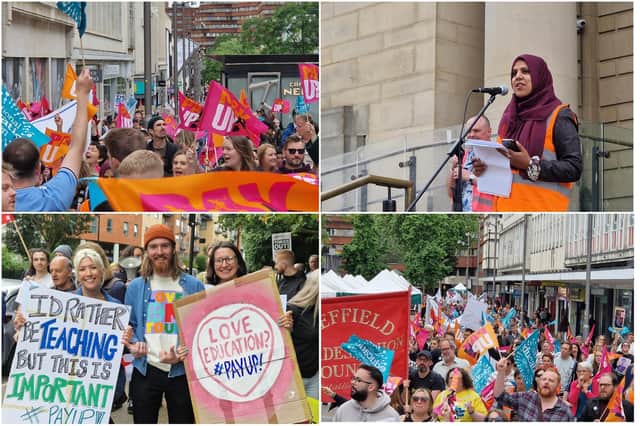Several hundred striking teachers and educators marched through Sheffield city centre today (July 5) as part of nationwide protests.