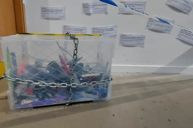 Weapons collected in South Yorkshire, including a crossbow and knuckle duster.