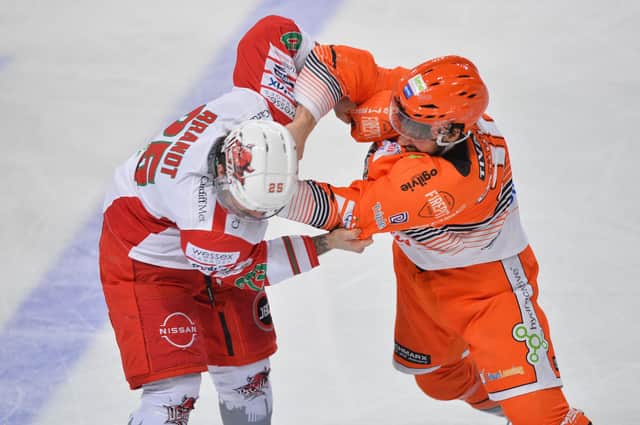 Tommaso Traversa fights Cardiff's Riley Brandt. Picture: Dean Woolley