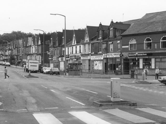 Firth Park Road, Sheffield, at the junction with Page Hall Road, showing (right) National Westminster Bank, in June 1993