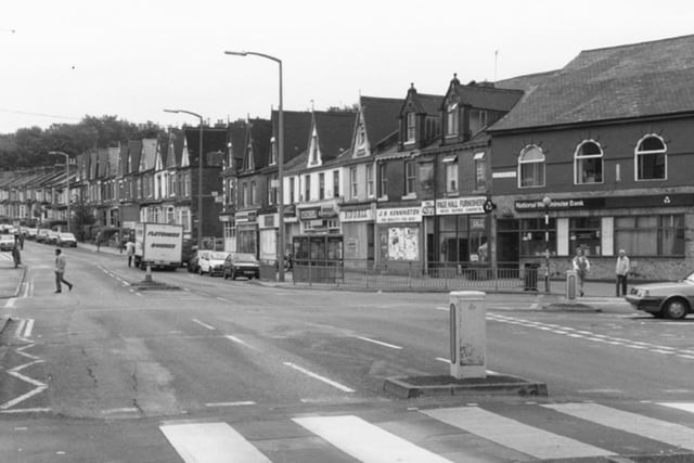 Firth Park Road, Sheffield, at the junction with Page Hall Road, showing (right) National Westminster Bank, in June 1993