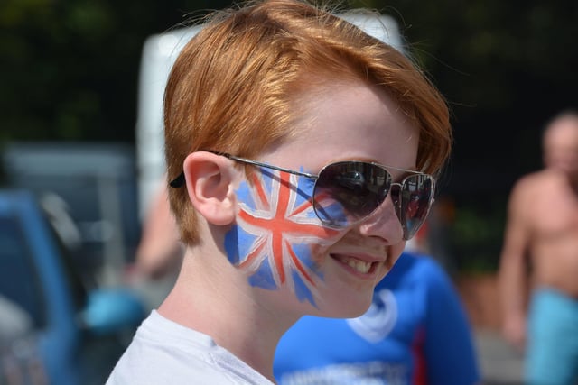 Dylan Jeffrey, 7, with his face painted in Trevis Road, Southsea, at a socially-distanced street party to mark the 75th anniversary of VE Day.