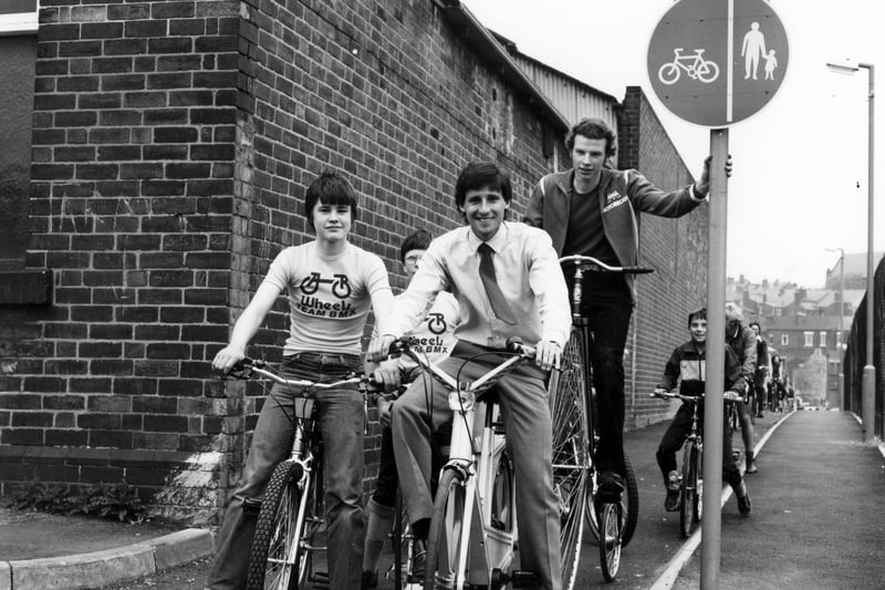Sebastian Coe, front, leading off a bike ride in Sheffield in 1982.