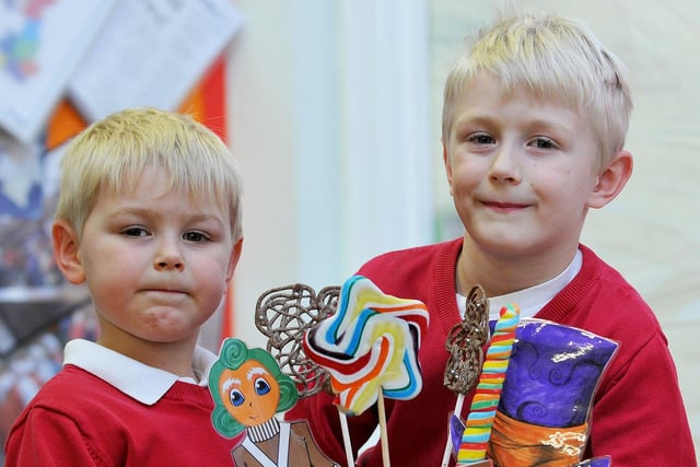 Hutton Henry Primary school pupils Ben (left) and Thomas Saint with their book character cake they made during World Book Day in 2016.