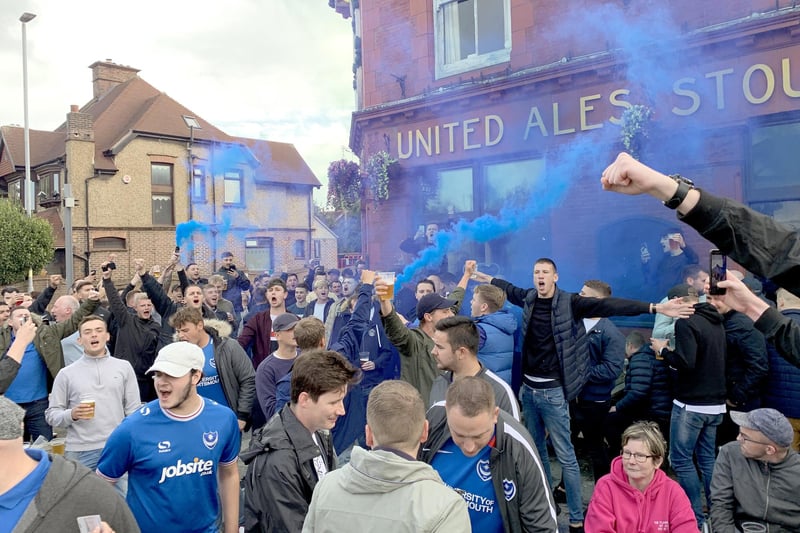 Supporters at the Shepherd's Crook before Pompey's south-coast derby against Southampton last season.