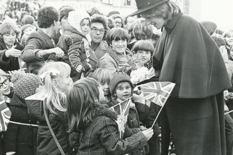 These little girls were thrilled when the People's Princess stopped to talk to them on her walkabout around Chesterfield town centre in 1981.