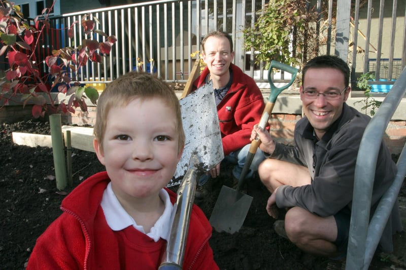 Daniel Battley helping his dad, Andy, and Uncle Simon making a new garden at Highfield Hall nursery