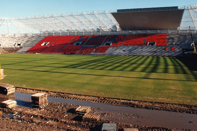 The new Sunderland crest is featured on one of the new stands as the impressive new Sunderland stadium takes shape in 1997.