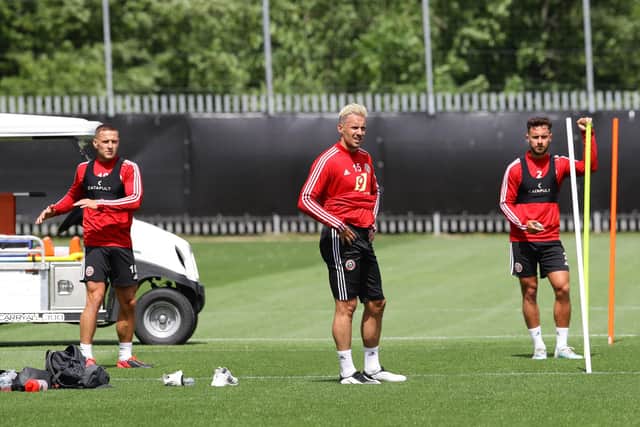Billy Sharp, Phil Jagielka and George Baldock of Sheffield United at the Premier League club's training ground: Simon Bellis/Sportimage