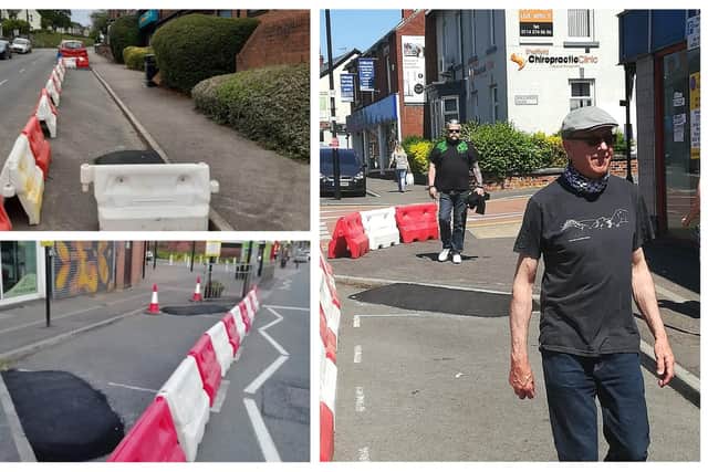 Temporary pavement widening in Sheffield (photos by Sheffield Green Party and Sheffield Council)