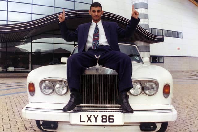 Prince Naseem Hamed pictured on a Rolls Royce outside Hillsborough Leisure Centre ahead of his fight against Antonio Picardi in 1994
