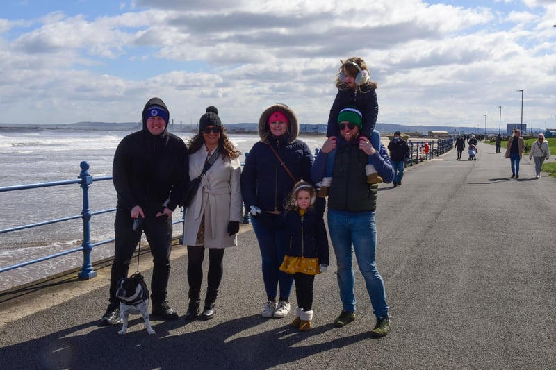 Stopping for a photo during a bracing walk at Seaton Carew.