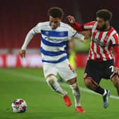 Luke Amos of QPR and Jayden Bogle of Sheffield United during the match at Bramall Lane: Lexy Ilsley / Sportimage