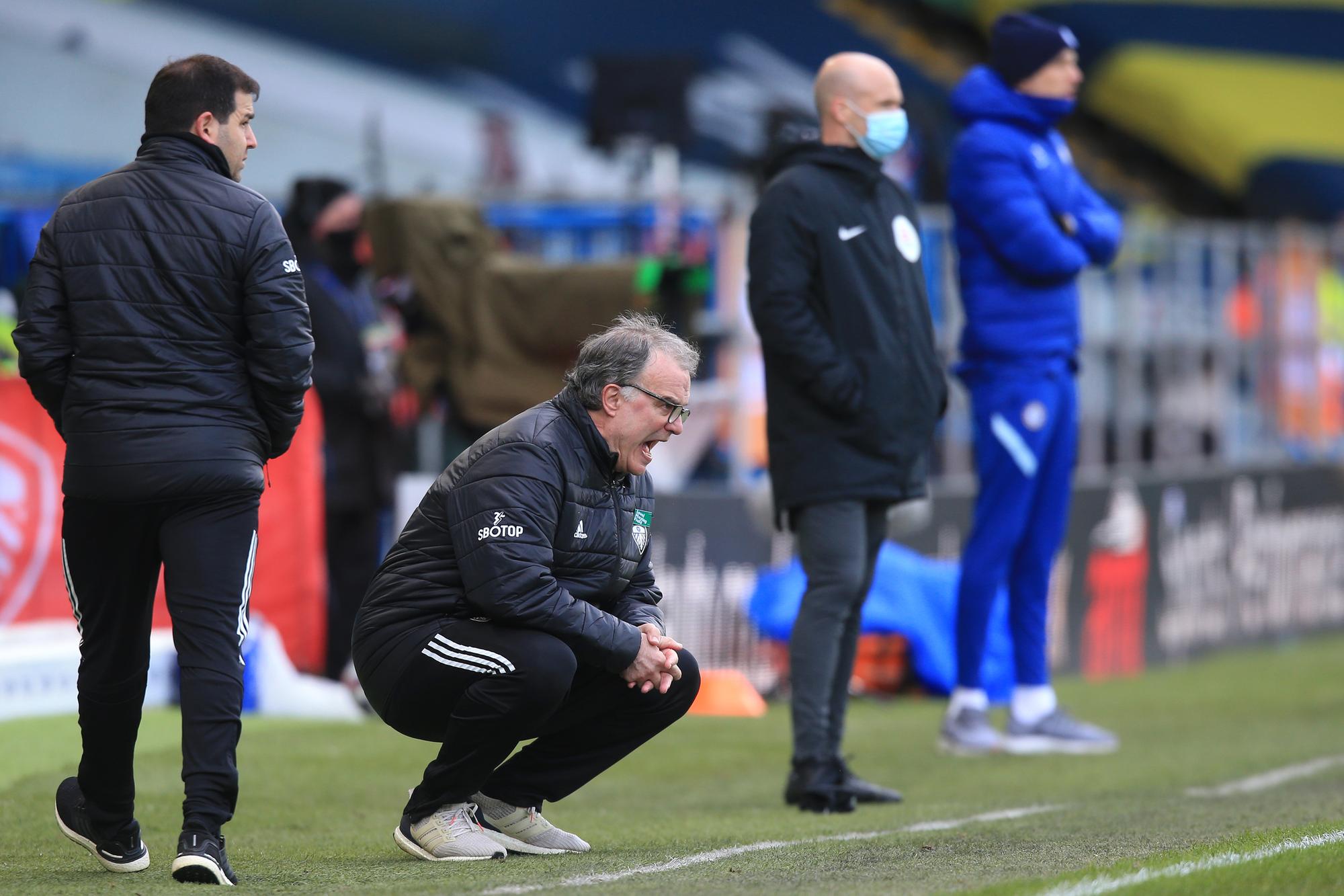 Marcelo Bielsa, manager of Leeds United, reacts during the Premier League match between Leeds United and Chelsea at Elland Road on March 13, 2021.