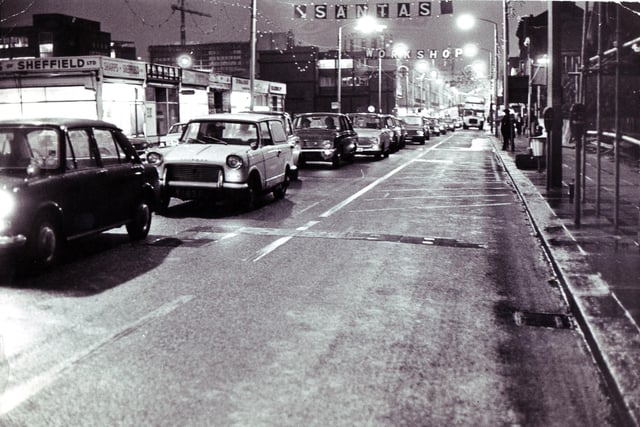 New lane for buses only on The Moor in November 1970