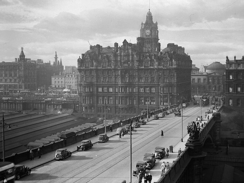 View of North Bridge and the the North British Hotel - now the Balmoral - in the 1930s , with tramlines down the middle of the road