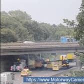 The M1 southbound is closed this morning due to an overturned lorry. Picture shows emergency vehicles at the scene
