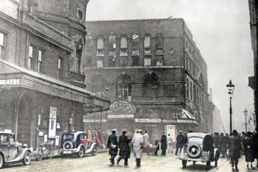 This picture shows the shell of the Royal Theatre, Tudor Street, after it was destroyed by fire in 1935.