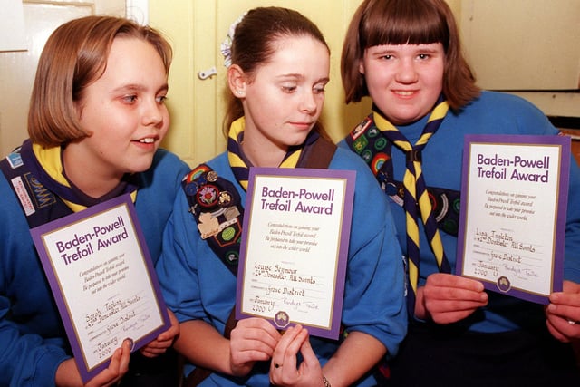 Pictured in 2000 with their Baden-Powell Trefoil Awards are,  Sarah Topliss (left) and Lisa Ingleton (right), both of the 42nd Doncaster All Saints Guide Unit, and Louise Seymour, of the 24th Doncaster All Saints Guide Unit. All three are aged 13.