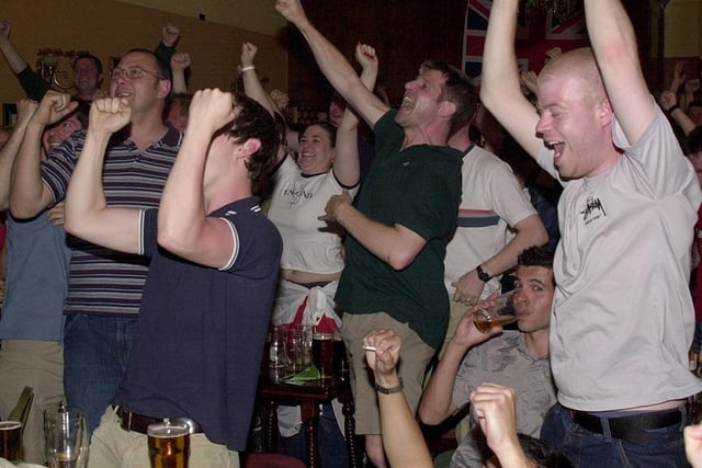 England fans celebrate Sol Campbell's goal against Sweden in the Lescar pub on Sharrowvale Road, June 2, 2002
Picture Sheffield Newspapers