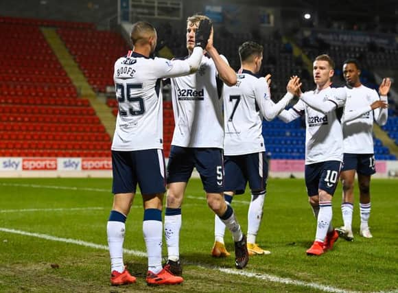 PERTH, SCOTLAND - DECEMBER 23: Rangers' Kemar Roofe makes it 1-0 during a Scottish Premiership match between St Johnstone and Rangers at McDiarmid Park, on December 23, 2020, in Perth, Scotland. (Photo by Rob Casey / SNS Group)
