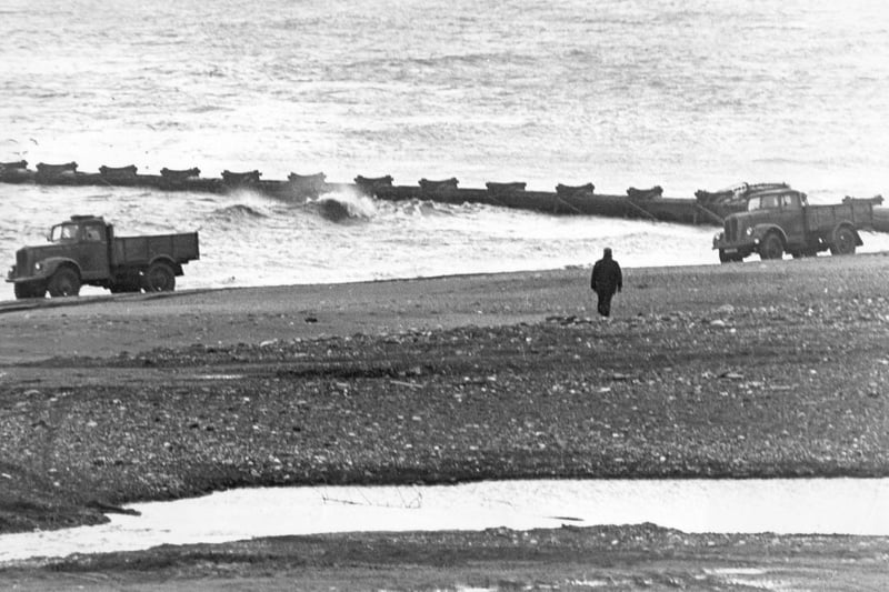 Sea coal lorries on the beach at Horden in November 1966.