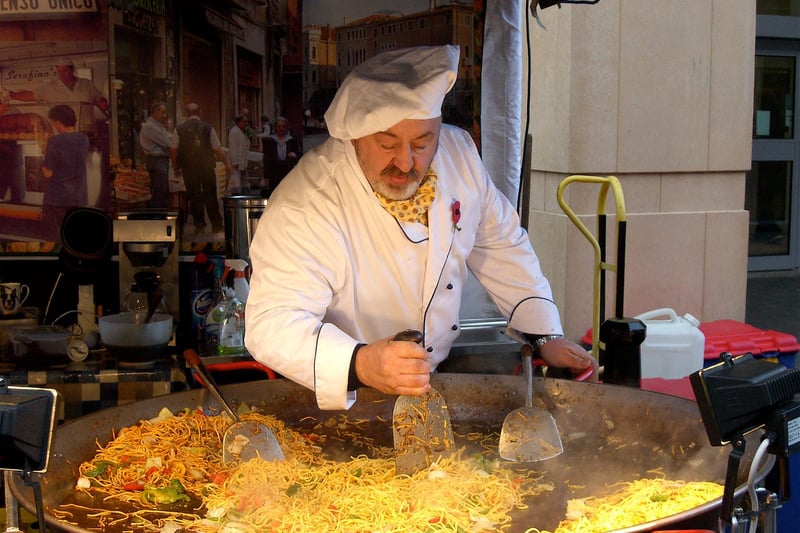 Food has always played a big part in the market. This picture shows street food being prepared for Continental Market: being run as part of the Chesterfield Arts & Market Festival in 2009.