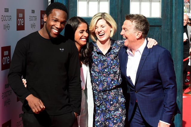 (l-r) Tosin Cole, who played Ryan, Mandip Gill, who played Yaz, Jodie Whitaker, who played the Doctor until 2022, and Bradley Walsh, who played Graham, at the Doctor Who premiere screening at the Light, The Moor.