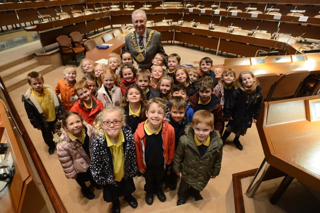 The Mayor of Sunderland Coun. Stuart Porthouse, with pupils of Fulwell Infants Schoo during their visit to the Civic Centre in 2014.