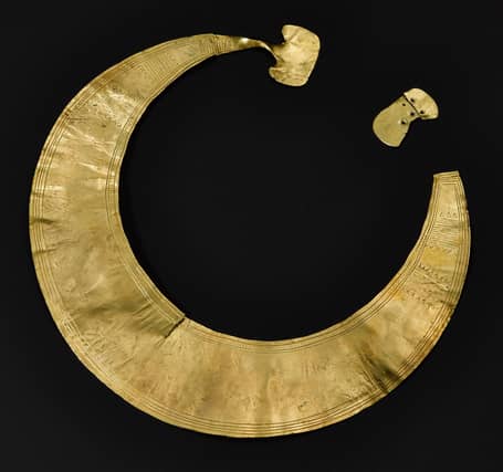 This gold collar, or lanula, was a precious symbol of power and one of the earliest metal objects found in Scotland. Dating from between 2,300 BC to 1,900 BC, it was found at Orbliston in Moray. It was likely imported from Ireland or at least inspired by Irish design. PIC: NMS.