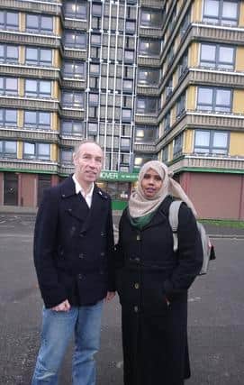 Douglas Johnson, leader of Sheffield Green Party, and Kaltum Rivers outside Hanover Tower
