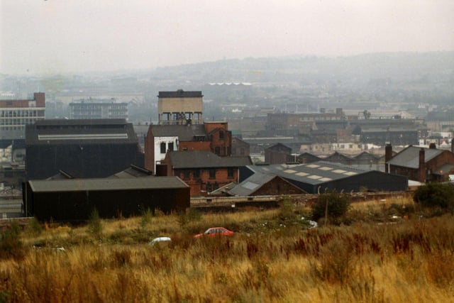 View from Harleston Street of (left) Firth Brown Tools Ltd., Speedicut Works, Carlisle Street East and (right) John Brown and Co. Ltd., Atlas Works, Savile Street East, Attercliffe. October 1985.