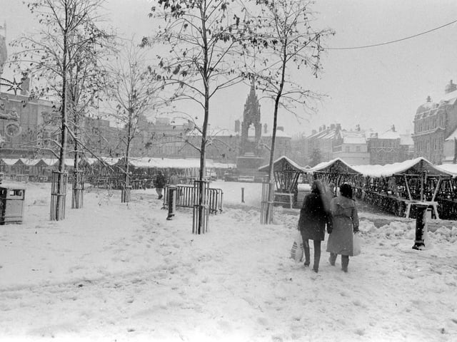 A snowy market place