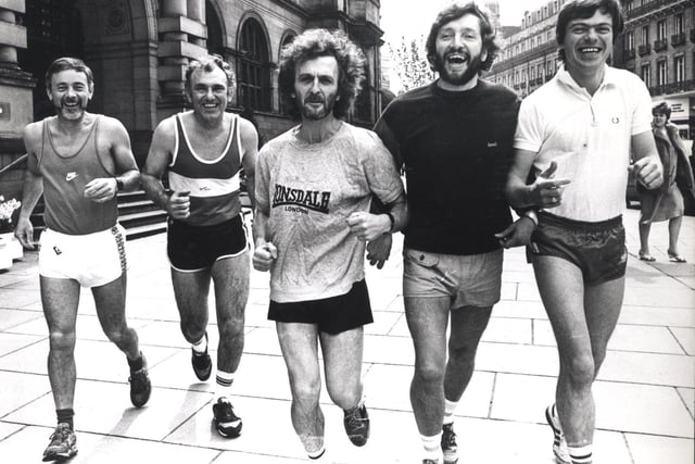 Sheffield Councillors entering the Sheffield Marathon  May 1985, from left Sam Wall, Peter Price, Mike Bower, David Blunkett, and Clive Betts