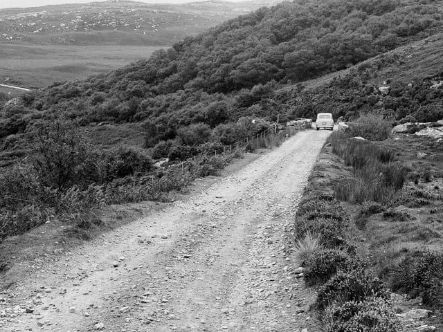 The single track road from Tongue to Hope near Loch Eribol, where John Lennon, Yoko Ono, John's son Julian and Yoko's daughter Kyoko crashed their Austin Maxi in 1969. They had been en route to the family croft in Durness, Sutherland.