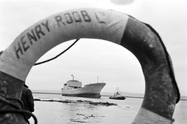 The Caribbean Progress ship was launched from Henry Robb's shipyard at Leith in October 1971 - seen here through a Henry Robb lifebelt.