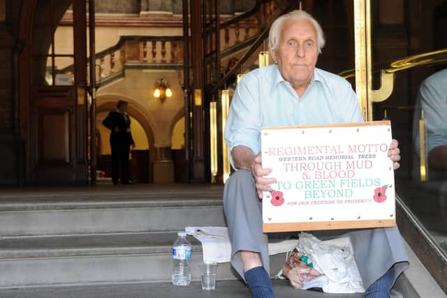 Roy Parkin Millington as he protested outside Sheffield Town Hall about the plans to the fell Western Road memorial trees.