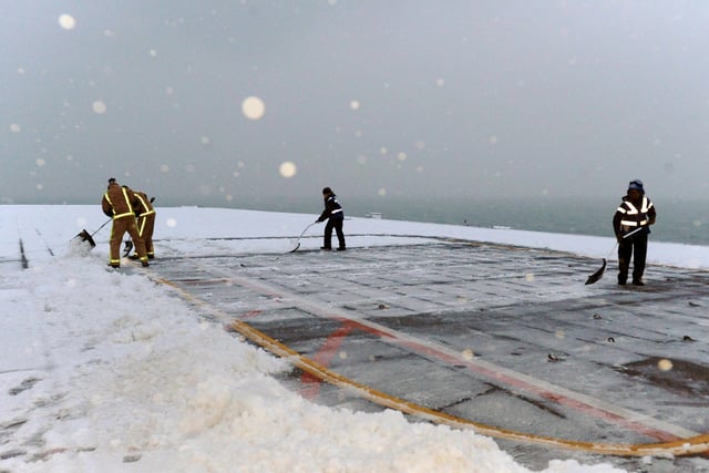 Ark in the snow 2nd Dec 2010. Taken on the Flight Deck of HMS Ark Royal during her final entrance to Portsmouth. Whilst rounding the Isle of Wight the Flight Deck was blanketed in snow. Picture: LA(PHOT) Abbie Gadd