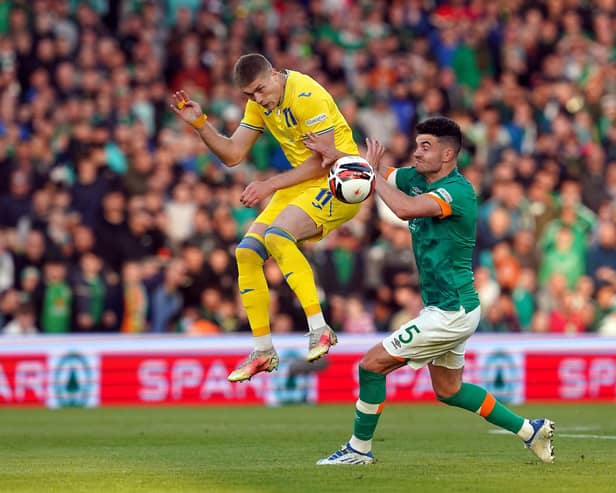 Ukraine's Artem Dovbyk and Republic of Ireland's John Egan battle for the ball during the UEFA Nations League match at the Aviva Stadium in Dublin, Ireland: Brian Lawless/PA Wire.