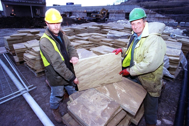 Local workers using locally quarried stone at the Earth Centre in 1998