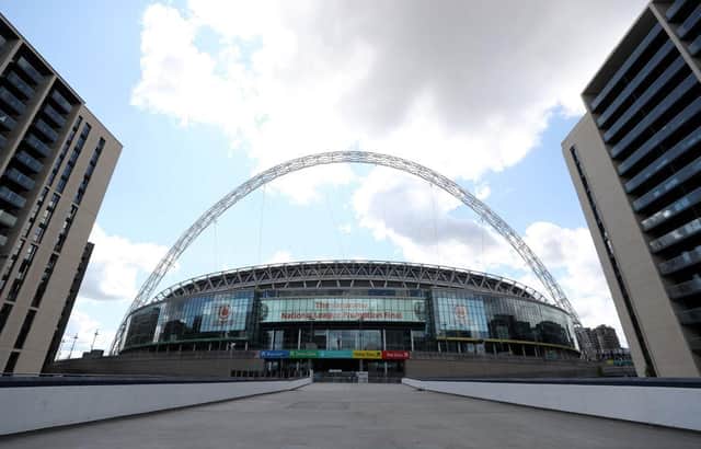General view outside the stadium ahead of the Wembley Stadium on August 02, 2020 in London, England ahead of the National League play-off final. (Photo by Catherine Ivill/Getty Images)