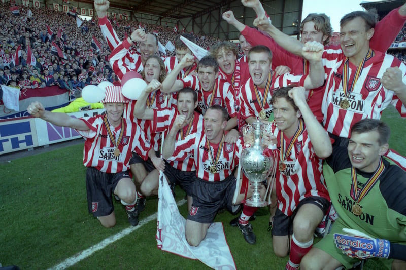 Sunderland players with the League Championship Cup in April 1996. How many of the team can you name?