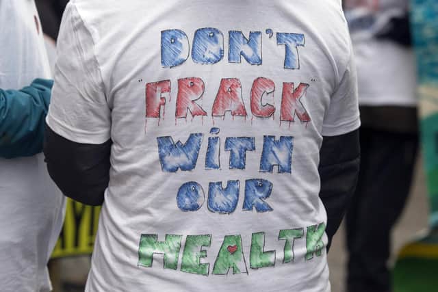 An anti-fracking message on a T-shirt on a protest in Sheffield in March 2017