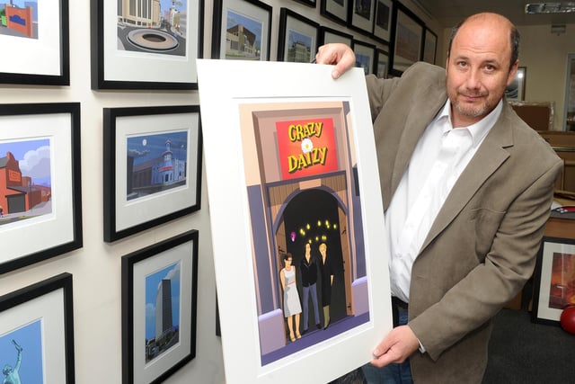 Artist Greg Harris is auctioned off two copies of his print of the Human League at the famous Crazy Daizy nightclub for charity in 2015