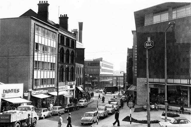 A view of Castle Street, Sheffield, looking towards the 'new' Castle Market building and Brightside & Carbrook on the right ...  August 1964