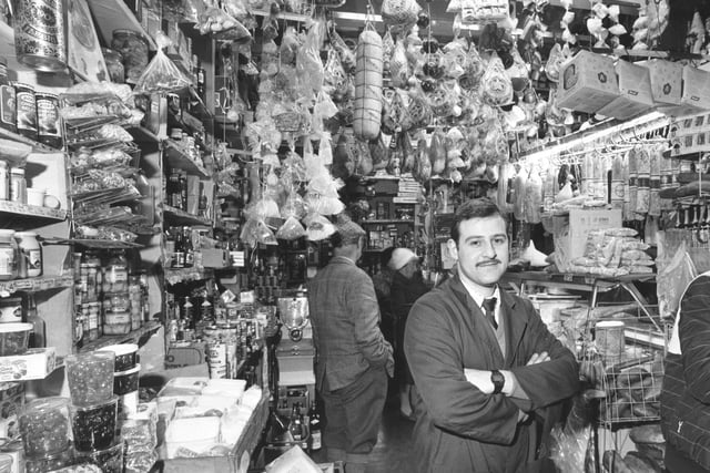 Philip Contini inside the Italian delicatessen Valvona & Crolla in Edinburgh, 1983